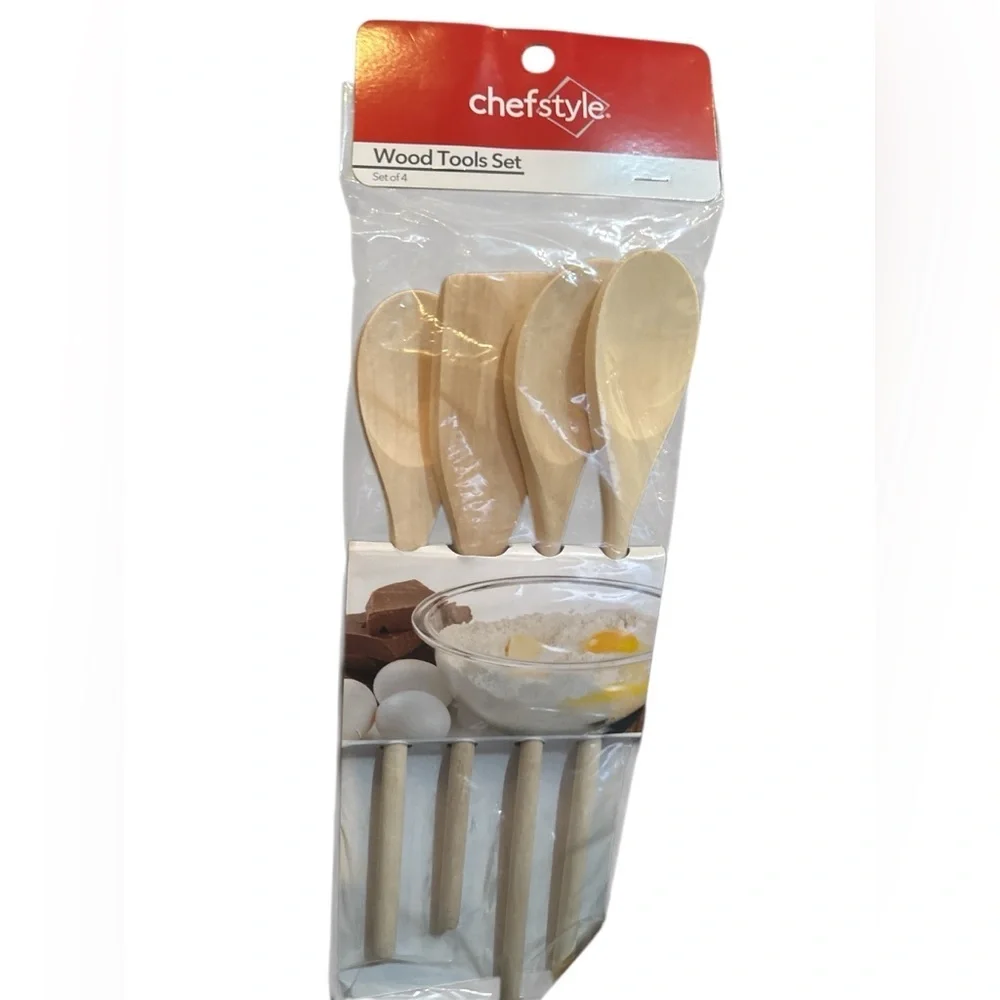 Chefstyle - Natural Wood Tools Set of 4 Kitchen Utensils Cooking Spoons Spatulas
